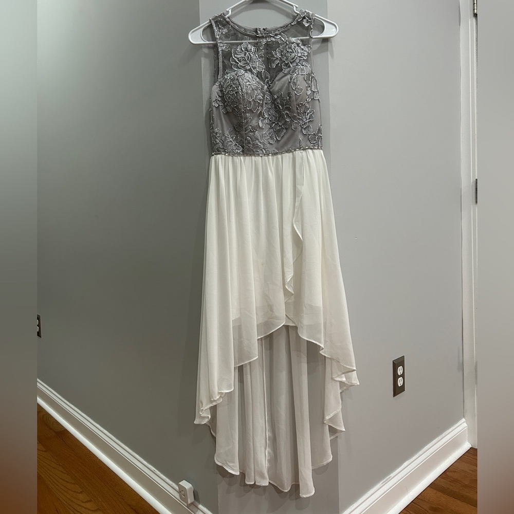 City Studio Silver and White Sparkly Halter Top Embroidered Formal Dress